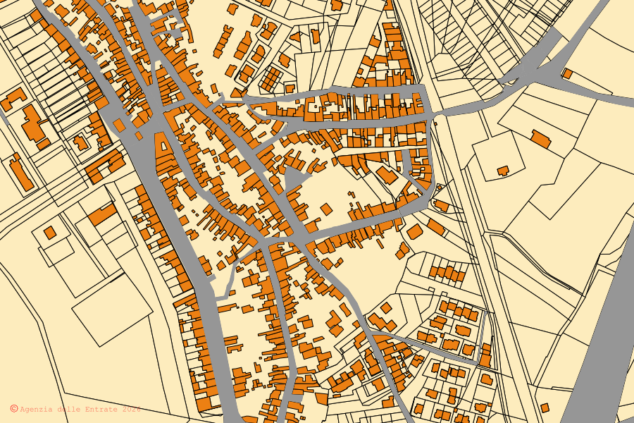 Mappa catastale del centro di Santa Giusta: particelle e fabbricati, cartografia Agenzia delle Entrate