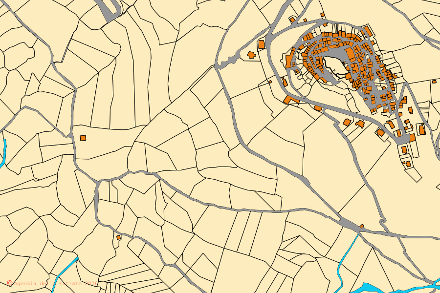 Mappa catastale del centro di Saracinesco: particelle e fabbricati, cartografia Agenzia delle Entrate