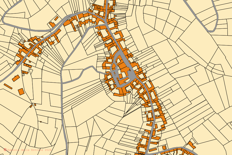 Mappa catastale del centro di Scurzolengo: particelle e fabbricati, cartografia Agenzia delle Entrate