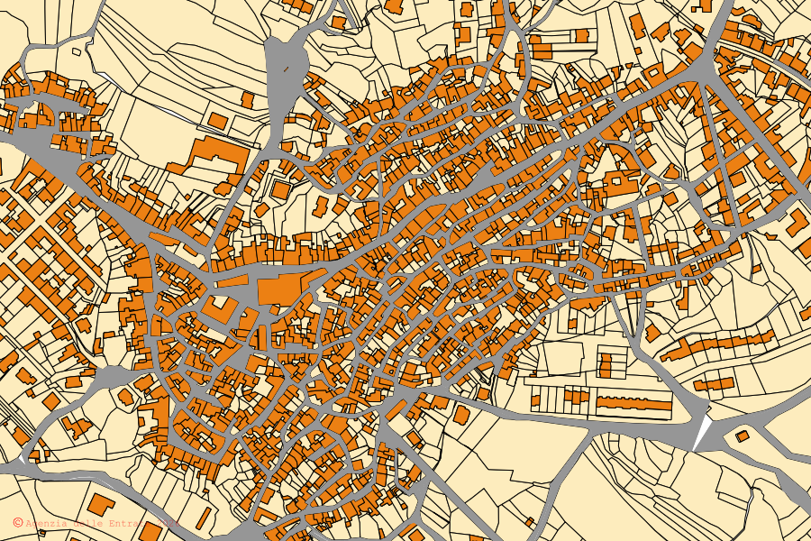 Mappa catastale del centro di Seneghe: particelle e fabbricati, cartografia Agenzia delle Entrate