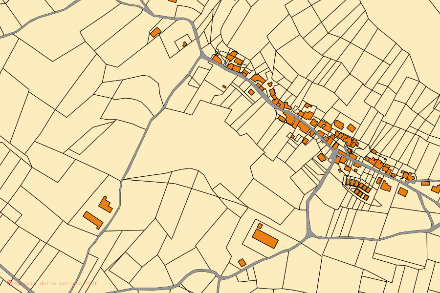 Mappa catastale del centro di Serravalle di Chienti: particelle e fabbricati, cartografia Agenzia delle Entrate