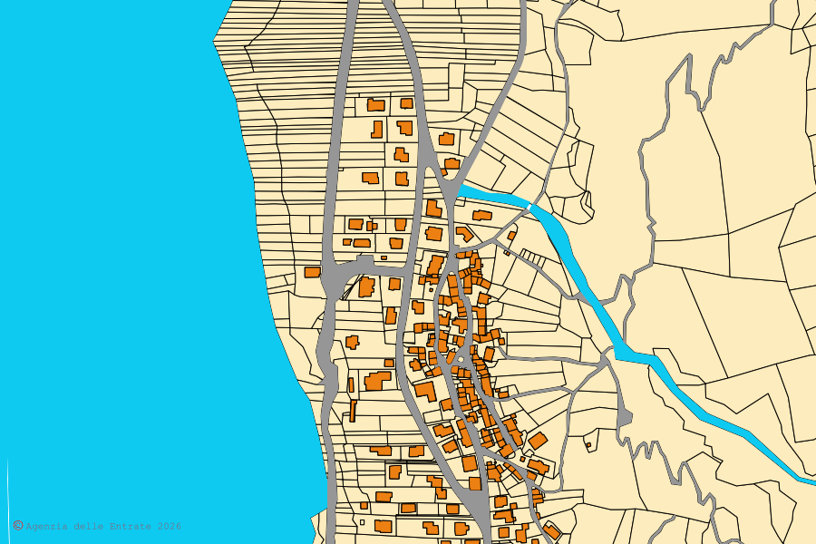 Mappa catastale del centro di Soverzene: particelle e fabbricati, cartografia Agenzia delle Entrate