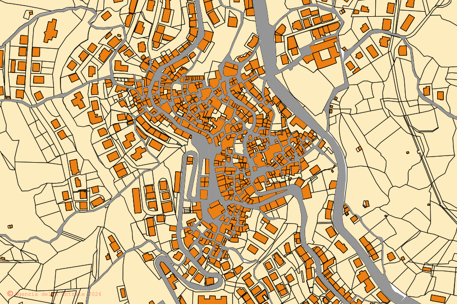 Mappa catastale del centro di Spezzano della Sila: particelle e fabbricati, cartografia Agenzia delle Entrate