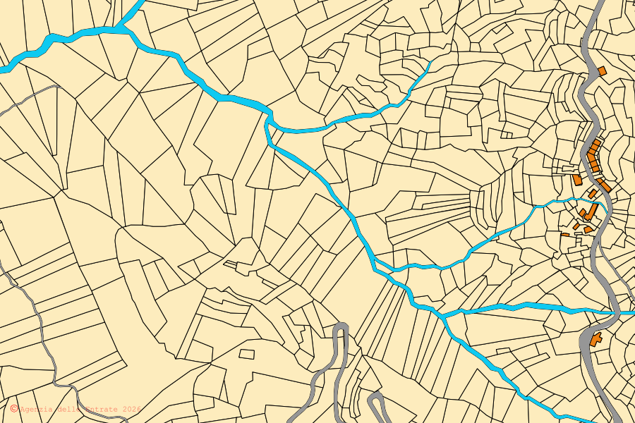 Mappa catastale del centro di Tarcento: particelle e fabbricati, cartografia Agenzia delle Entrate