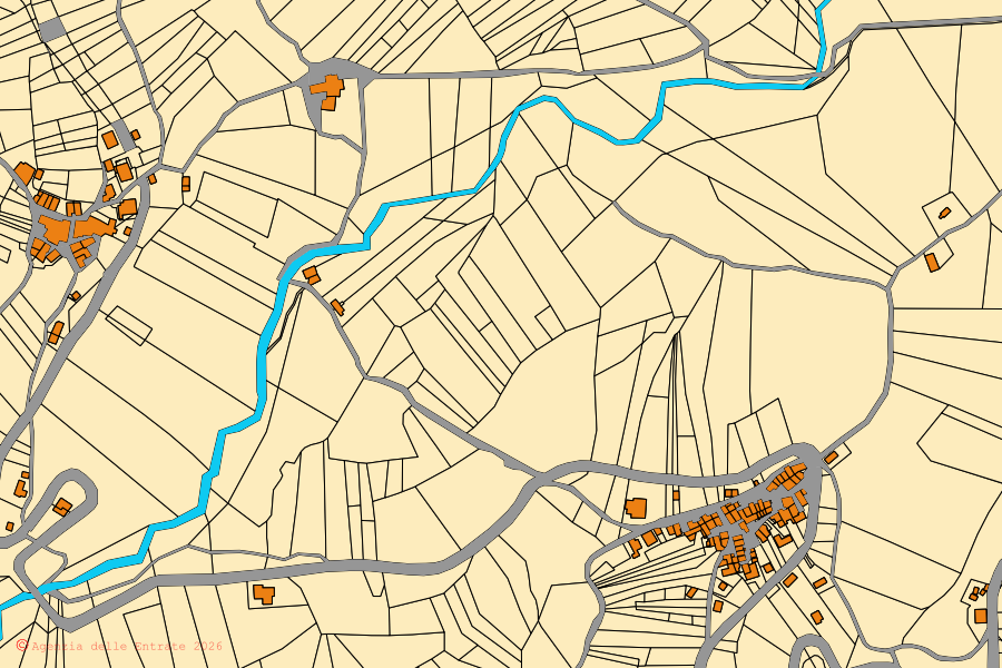Mappa catastale del centro di Tossicia: particelle e fabbricati, cartografia Agenzia delle Entrate