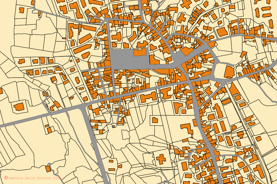 Mappa catastale del centro di Tremestieri Etneo: particelle e fabbricati, cartografia Agenzia delle Entrate