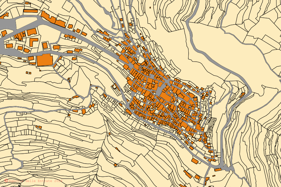 Mappa catastale del centro di Triora: particelle e fabbricati, cartografia Agenzia delle Entrate