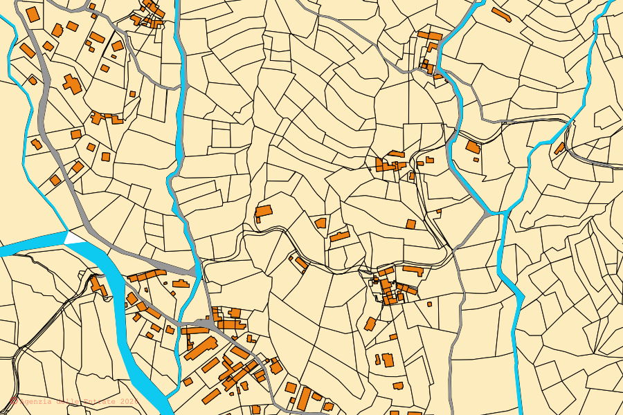 Mappa catastale del centro di Val della Torre: particelle e fabbricati, cartografia Agenzia delle Entrate