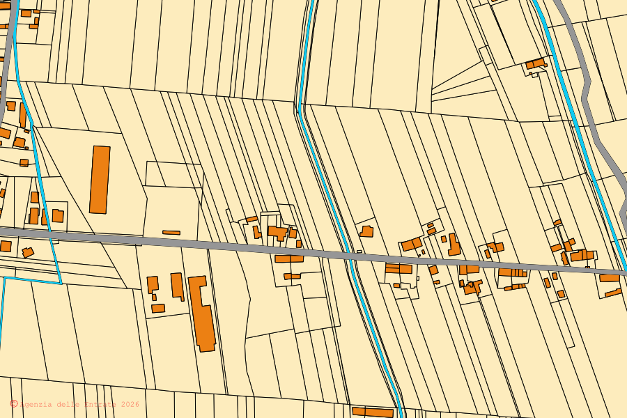 Mappa catastale del centro di Verrua Po: particelle e fabbricati, cartografia Agenzia delle Entrate