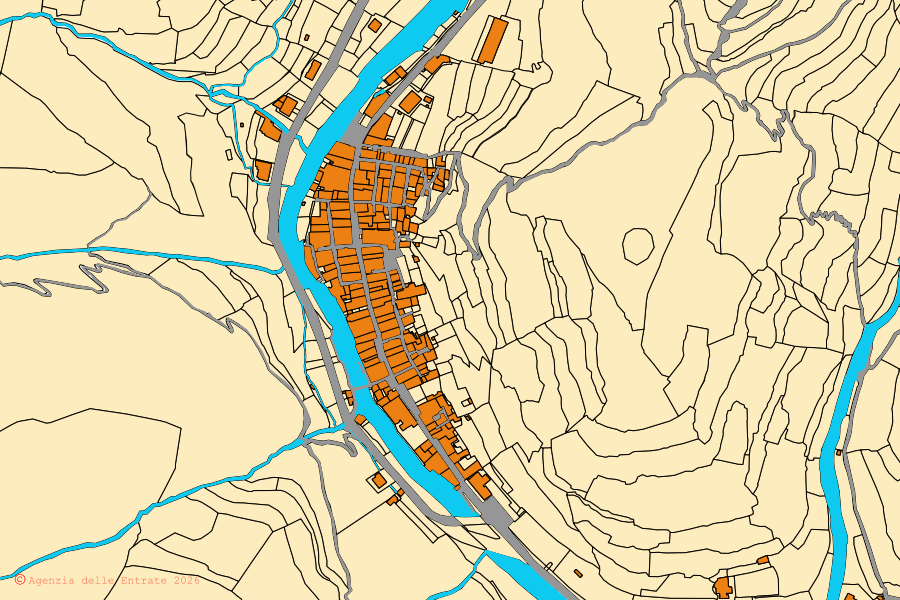 Mappa catastale del centro di Zuccarello: particelle e fabbricati, cartografia Agenzia delle Entrate