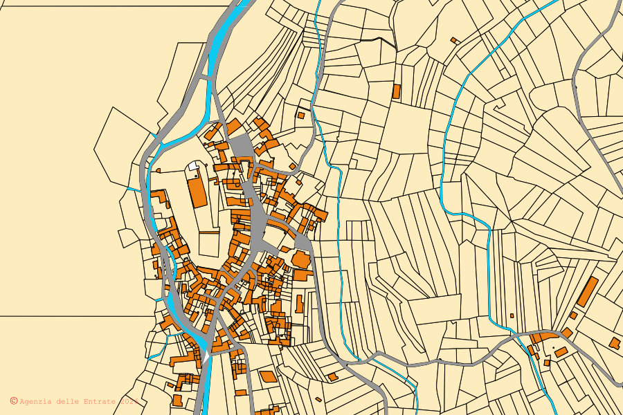 Katasterkarte des Zentrums von Baldissero Canavese: Parzellen und Gebäude, Kartografie der Agenzia delle Entrate