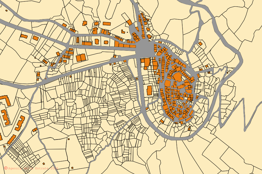 Katasterkarte des Zentrums von Capranica Prenestina: Parzellen und Gebäude, Kartografie der Agenzia delle Entrate