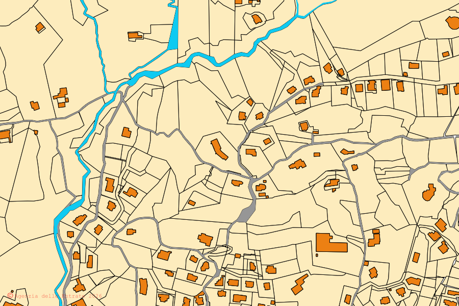 Katasterkarte des Zentrums von Cazzano Sant'Andrea: Parzellen und Gebäude, Kartografie der Agenzia delle Entrate