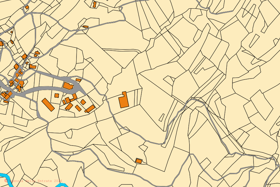 Katasterkarte des Zentrums von Rocca Santa Maria: Parzellen und Gebäude, Kartografie der Agenzia delle Entrate