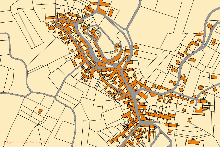 Katasterkarte des Zentrums von Sala Monferrato: Parzellen und Gebäude, Kartografie der Agenzia delle Entrate