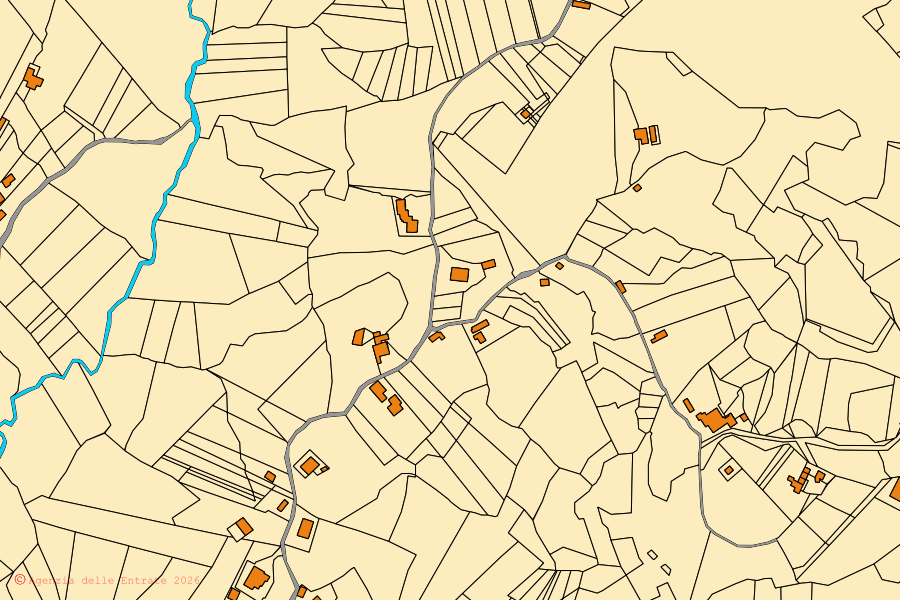Katasterkarte des Zentrums von Sant'Andrea del Garigliano: Parzellen und Gebäude, Kartografie der Agenzia delle Entrate