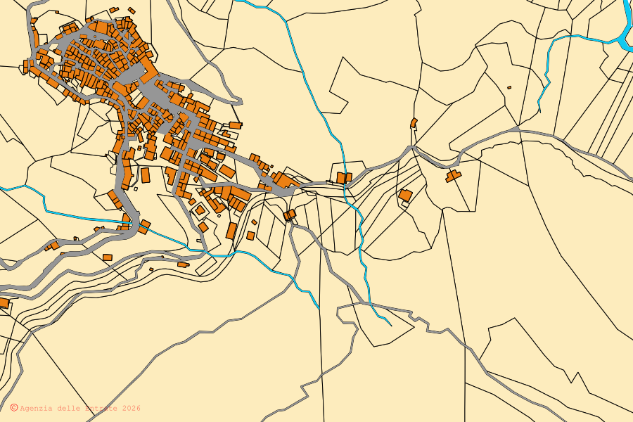 Katasterkarte des Zentrums von Vallepietra: Parzellen und Gebäude, Kartografie der Agenzia delle Entrate