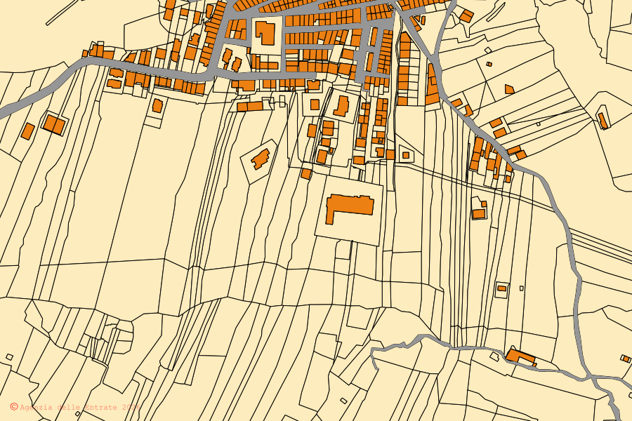 Cadastral map of the centre of Acquaviva Platani: parcels and buildings, Agenzia delle Entrate cartography