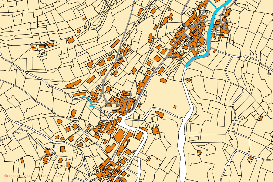 Cadastral map of the centre of Adrara San Rocco: parcels and buildings, Agenzia delle Entrate cartography