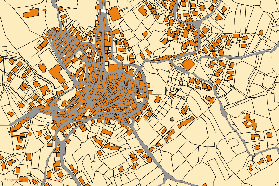 Cadastral map of the centre of Aggius: parcels and buildings, Agenzia delle Entrate cartography