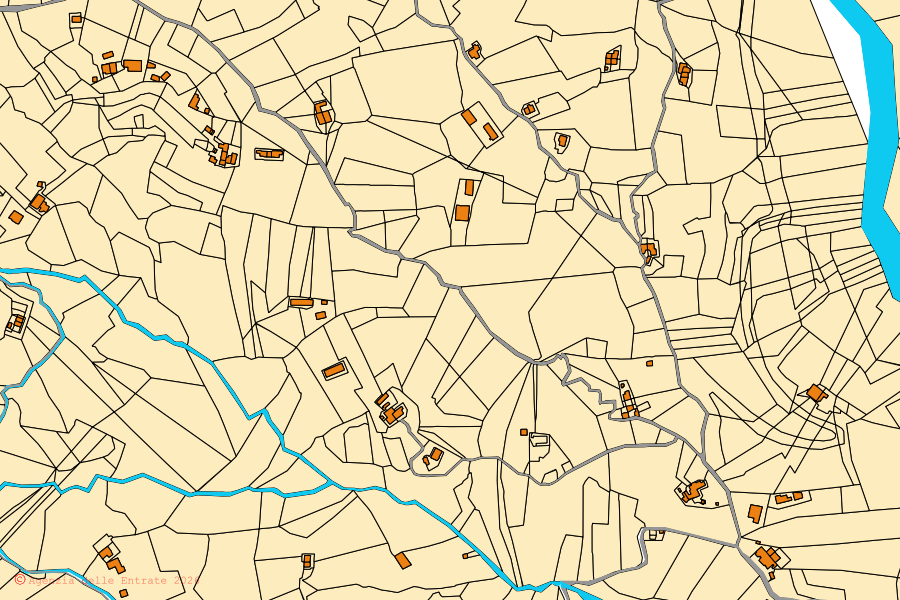 Cadastral map of the centre of Aiello Calabro: parcels and buildings, Agenzia delle Entrate cartography