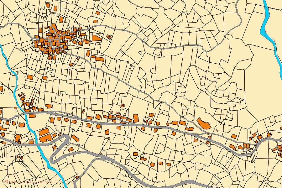 Cadastral map of the centre of Ala di Stura: parcels and buildings, Agenzia delle Entrate cartography
