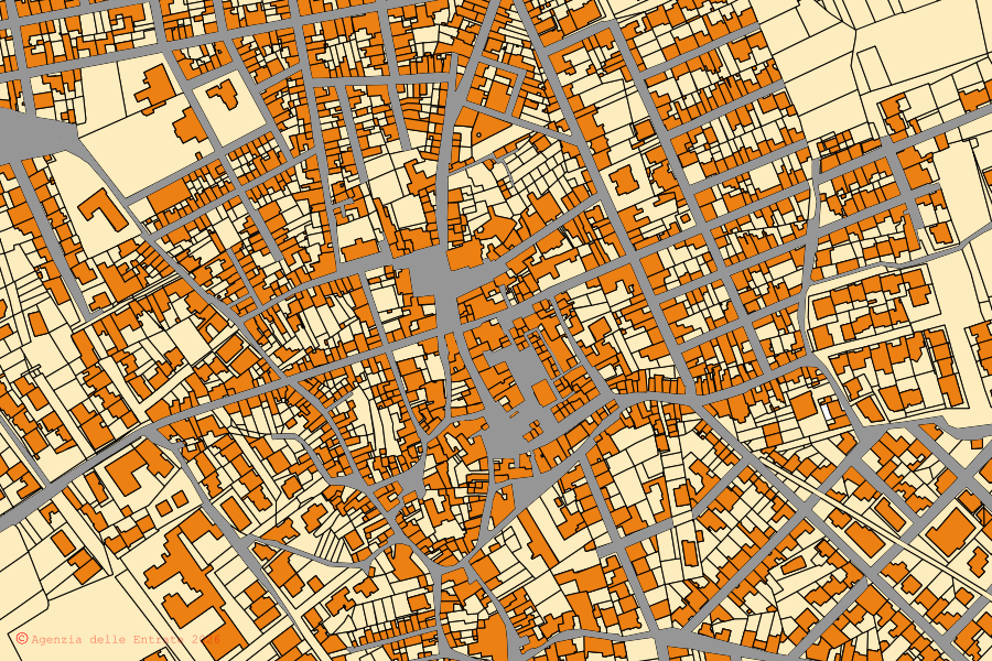 Cadastral map of the centre of Alliste: parcels and buildings, Agenzia delle Entrate cartography