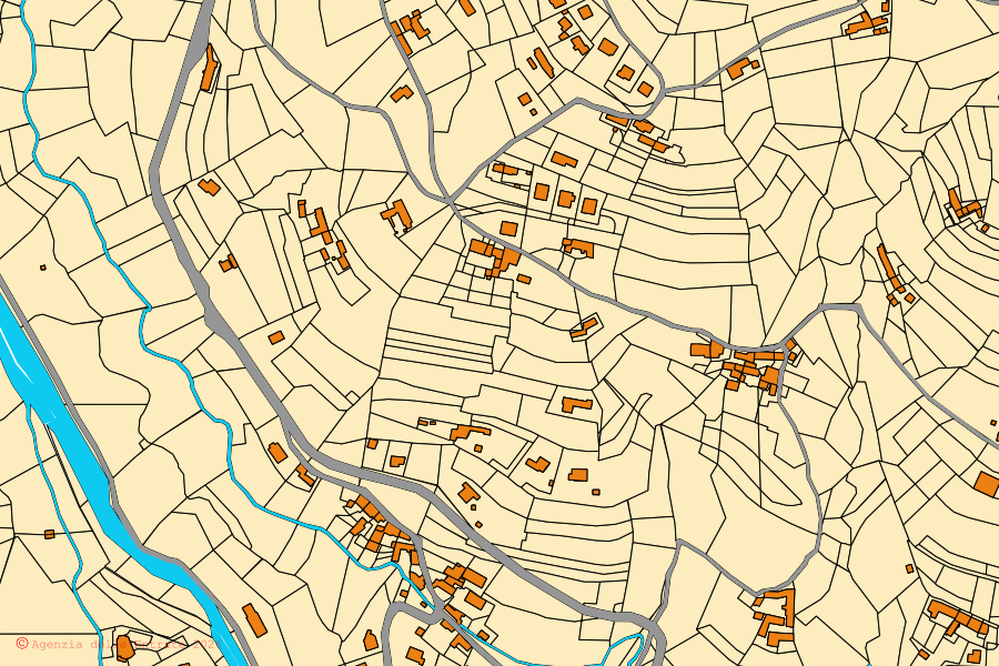 Cadastral map of the centre of Angrogna: parcels and buildings, Agenzia delle Entrate cartography