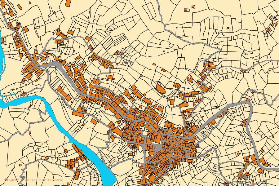 Cadastral map of the centre of Antillo: parcels and buildings, Agenzia delle Entrate cartography