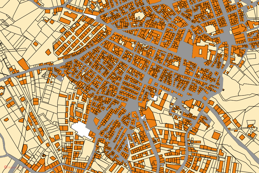 Cadastral map of the centre of Aragona: parcels and buildings, Agenzia delle Entrate cartography