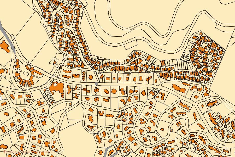 Cadastral map of the centre of Arbus: parcels and buildings, Agenzia delle Entrate cartography