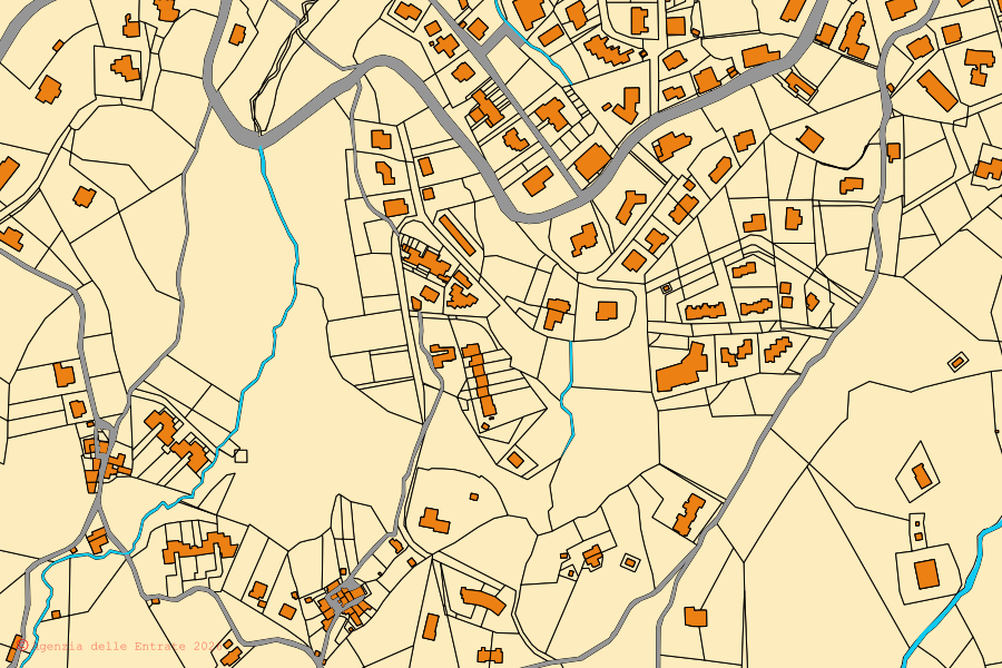 Cadastral map of the centre of Arcidosso: parcels and buildings, Agenzia delle Entrate cartography