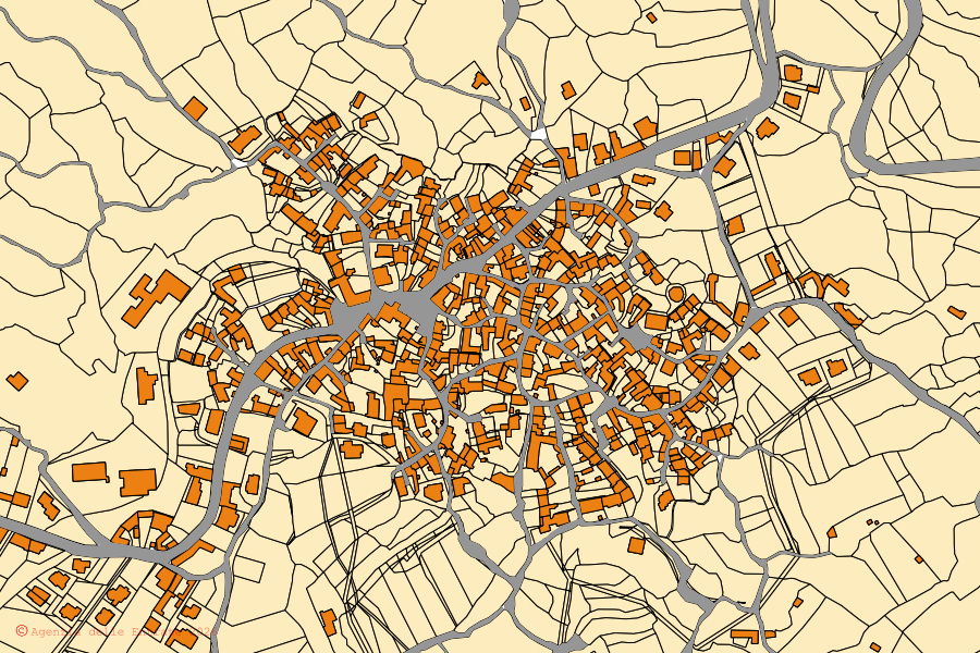 Cadastral map of the centre of Armungia: parcels and buildings, Agenzia delle Entrate cartography
