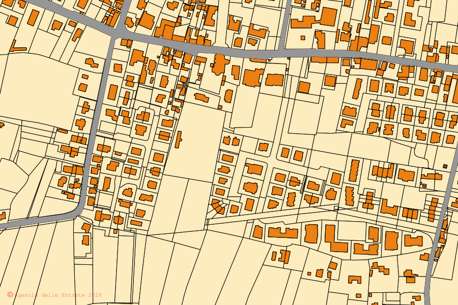 Cadastral map of the centre of Arzergrande: parcels and buildings, Agenzia delle Entrate cartography