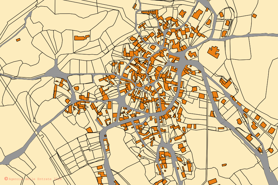 Cadastral map of the centre of Asuni: parcels and buildings, Agenzia delle Entrate cartography