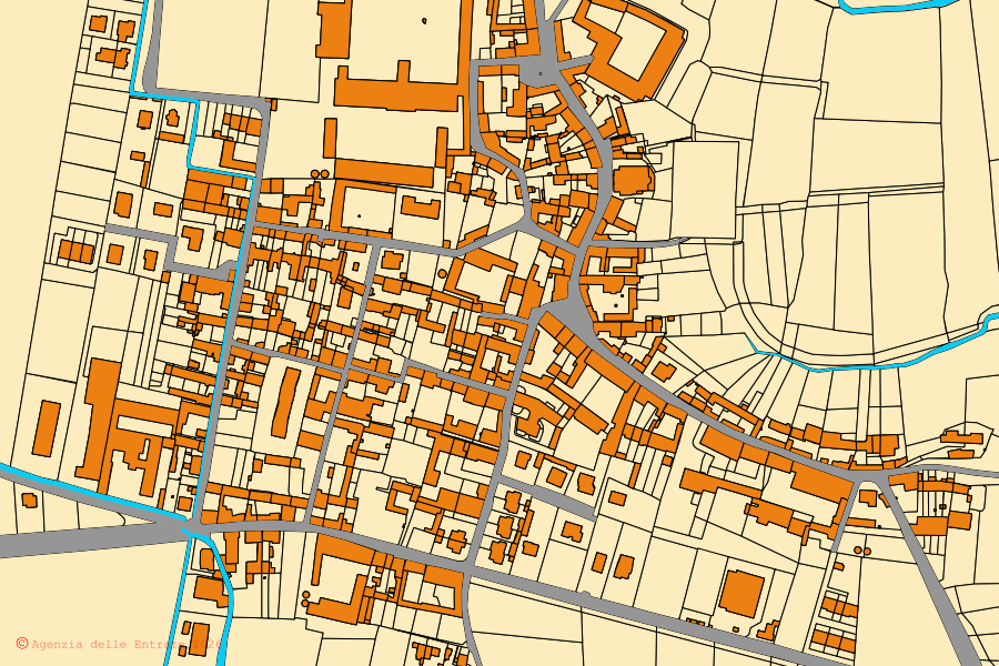 Cadastral map of the centre of Azzanello: parcels and buildings, Agenzia delle Entrate cartography
