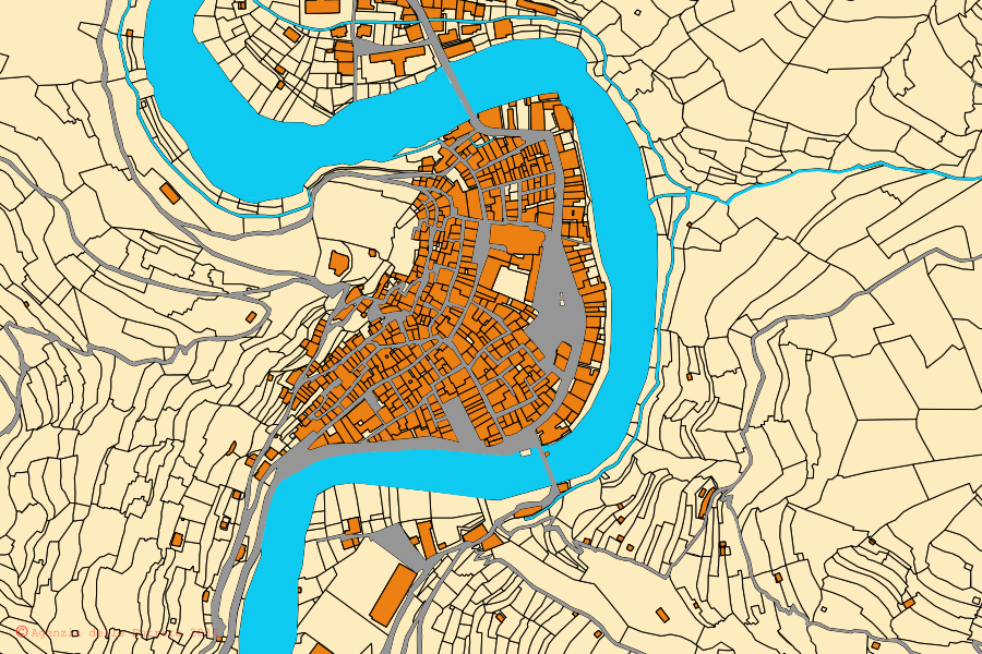 Cadastral map of the centre of Badalucco: parcels and buildings, Agenzia delle Entrate cartography
