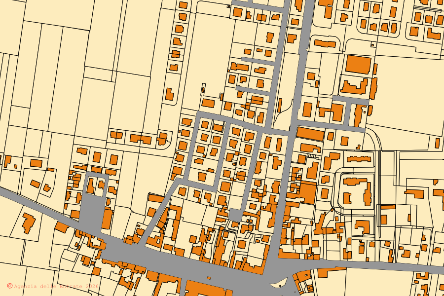 Cadastral map of the centre of Bagnoli di Sopra: parcels and buildings, Agenzia delle Entrate cartography