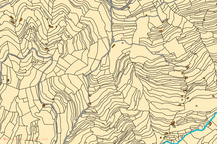 Cadastral map of the centre of Bajardo: parcels and buildings, Agenzia delle Entrate cartography