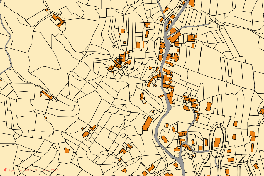 Cadastral map of the centre of Baldissero Torinese: parcels and buildings, Agenzia delle Entrate cartography