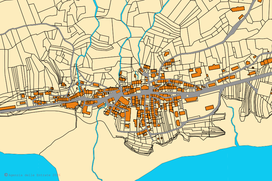 Cadastral map of the centre of Barcis: parcels and buildings, Agenzia delle Entrate cartography