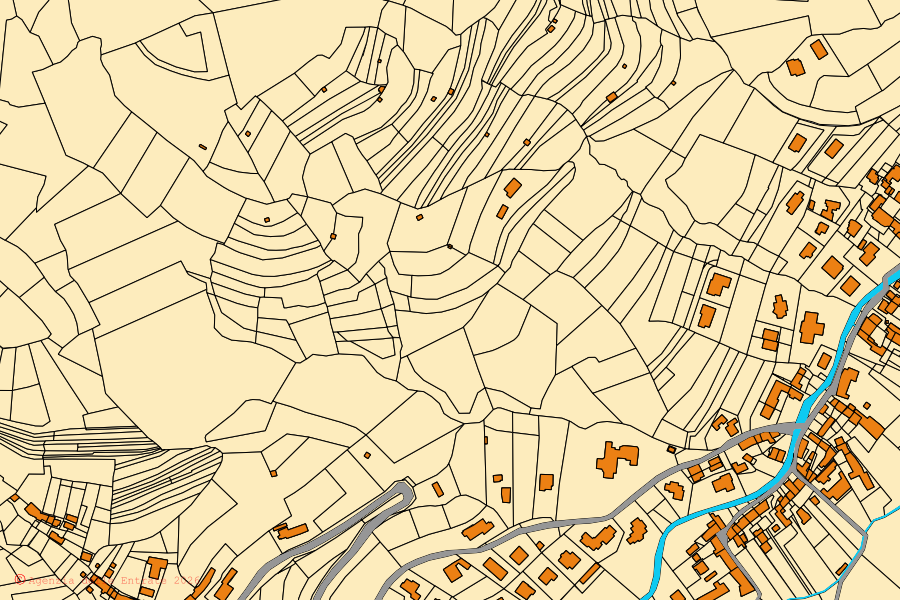 Cadastral map of the centre of Bernezzo: parcels and buildings, Agenzia delle Entrate cartography