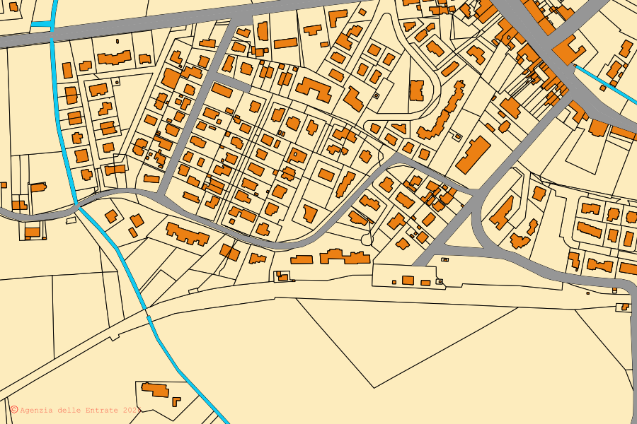 Cadastral map of the centre of Bevilacqua: parcels and buildings, Agenzia delle Entrate cartography