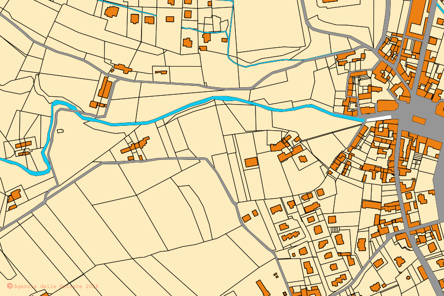 Cadastral map of the centre of Bibiana: parcels and buildings, Agenzia delle Entrate cartography