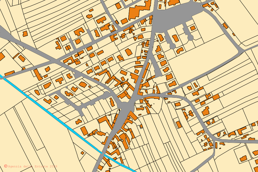 Cadastral map of the centre of Bicinicco: parcels and buildings, Agenzia delle Entrate cartography