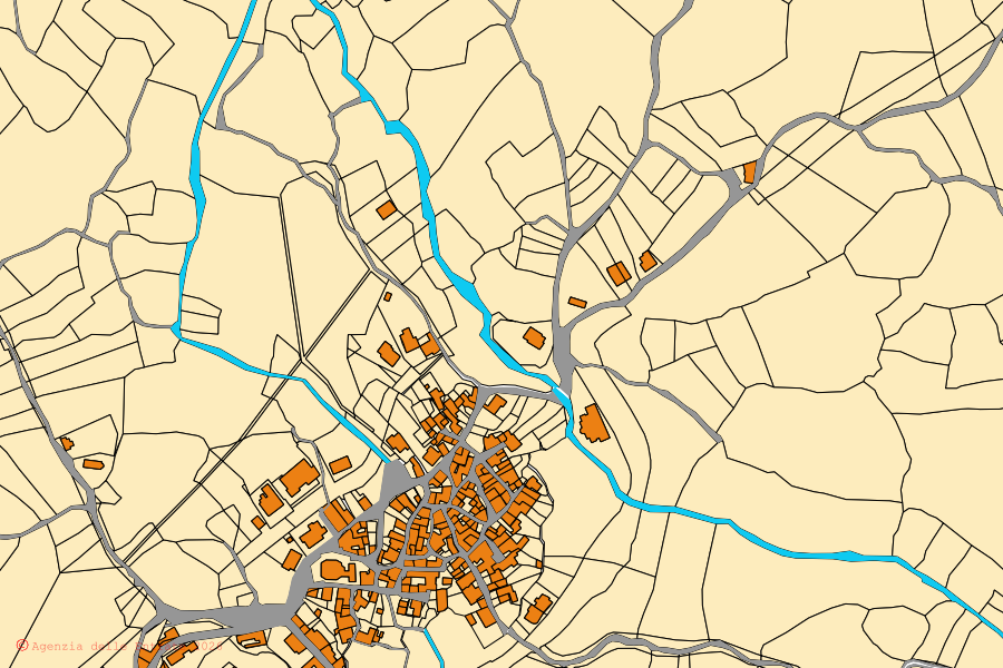 Cadastral map of the centre of Bidonì: parcels and buildings, Agenzia delle Entrate cartography