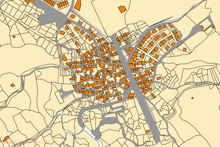 Cadastral map of the centre of Birori: parcels and buildings, Agenzia delle Entrate cartography