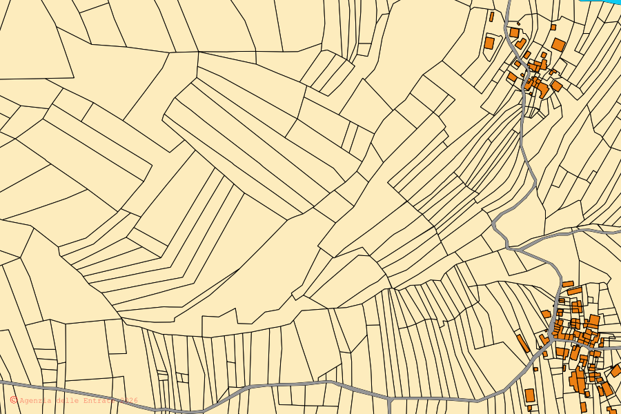 Cadastral map of the centre of Bobbio: parcels and buildings, Agenzia delle Entrate cartography