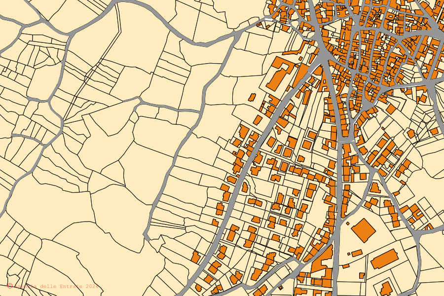 Cadastral map of the centre of Bonarcado: parcels and buildings, Agenzia delle Entrate cartography