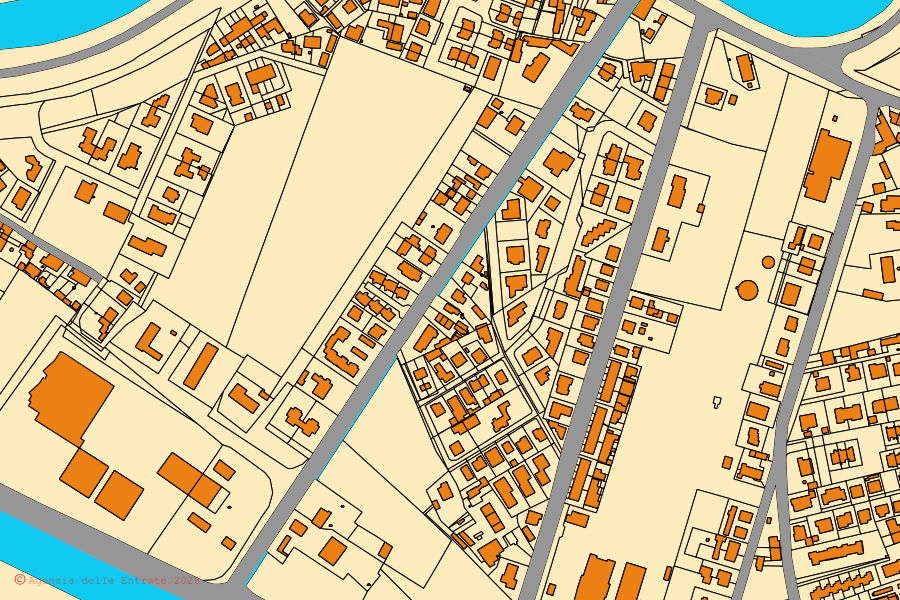 Cadastral map of the centre of Bondeno: parcels and buildings, Agenzia delle Entrate cartography